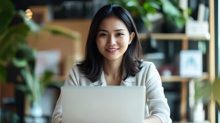 Smiling Young Woman Working on Laptop in a Cozy Cafe