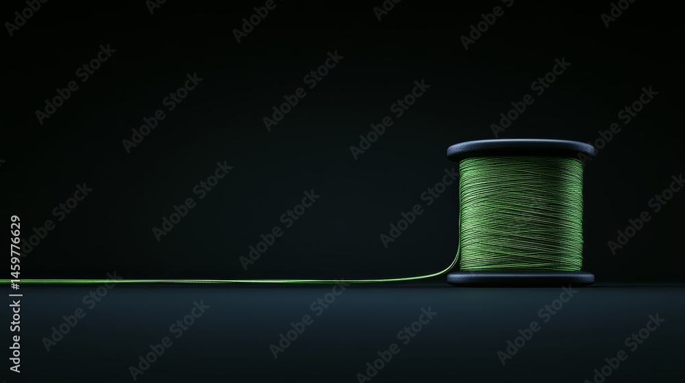 Aufkleber a minimalist image of a spool of green thread placed on a smooth black surface, the thread unspoolin