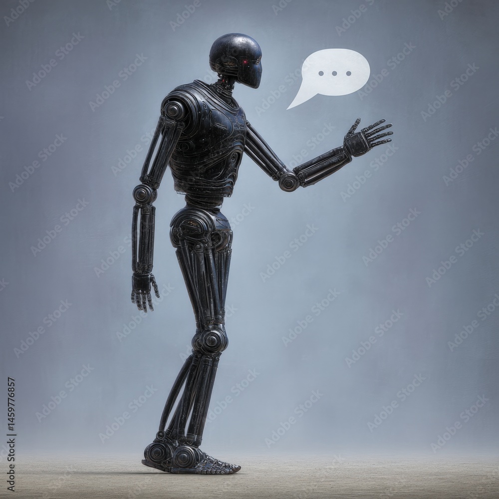 Poster robotic figure communicating with a speech bubble in a futuristic environment showcasing the interse