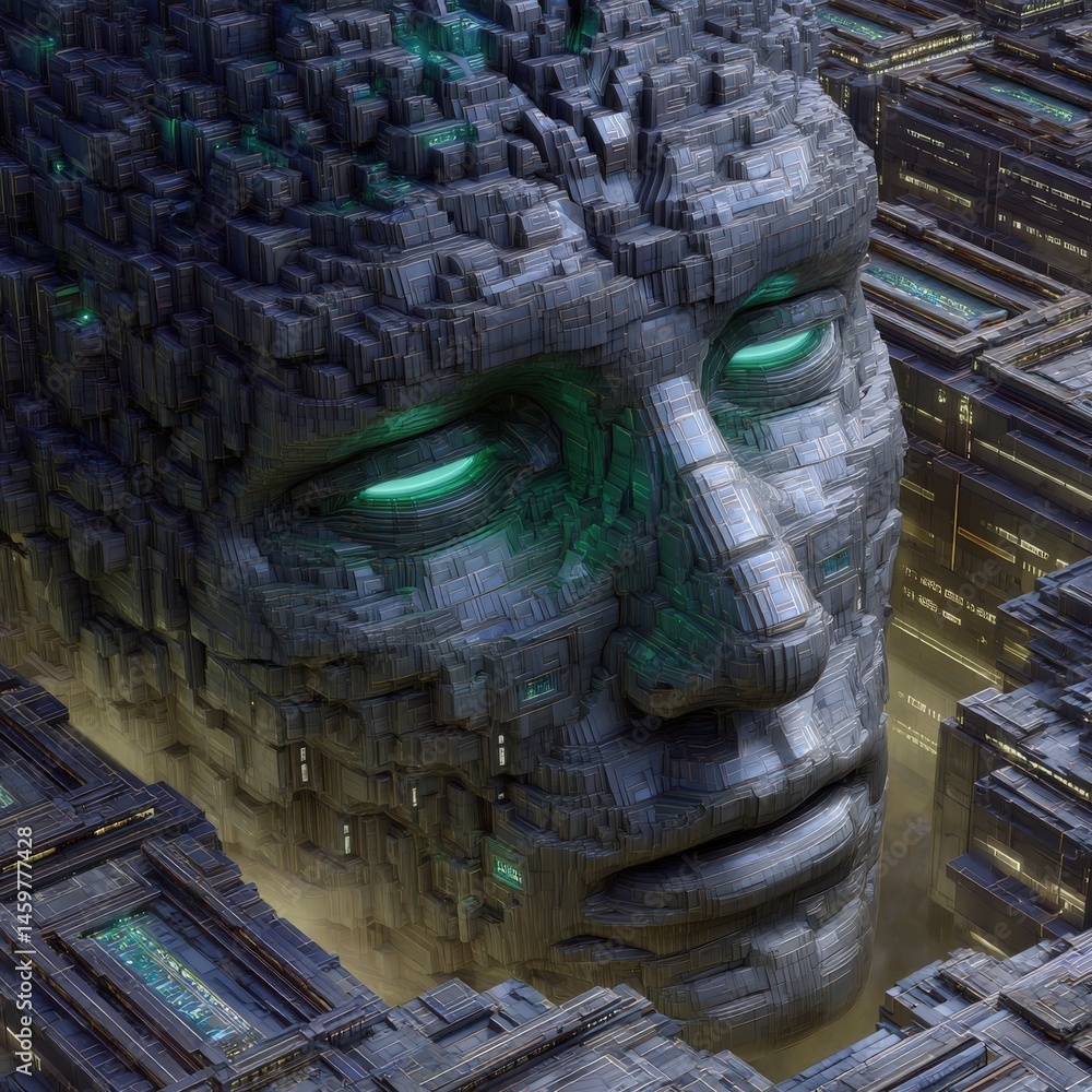 Poster monolithic face emerging from intricate cyber structures embodies the fusion of artificial intellige