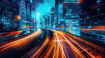 Naklejka premium Highway road with speed running light effects through a modern city. Generated AI image