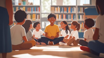 Obraz premium Multiethnic group of kids sitting on floor in circle around the teacher and listening a story. Discussion group of children inaa library talking to woman. Smiling hispanic boy in elementary school. i