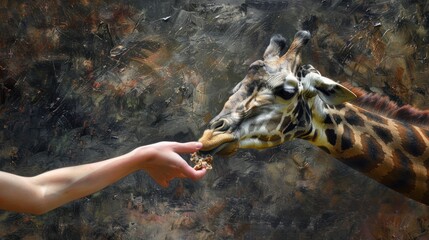 Giraffe being fed by human hand