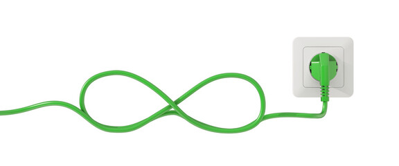 Green cable twisted into Infinity symbol for renewable energy. Isolated on transparent background. 3d illustration.