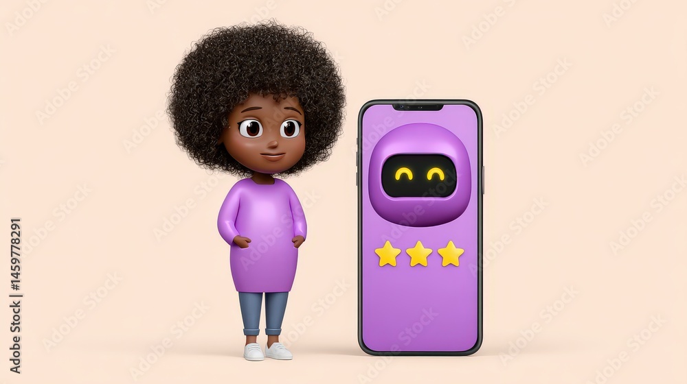 Poster young girl in purple outfit standing next to smartphone displaying a friendly robot character with s
