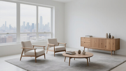 Fototapeta premium Modern Living Room Design Cozy & Stylish Space with Mid-Century Modern Furniture