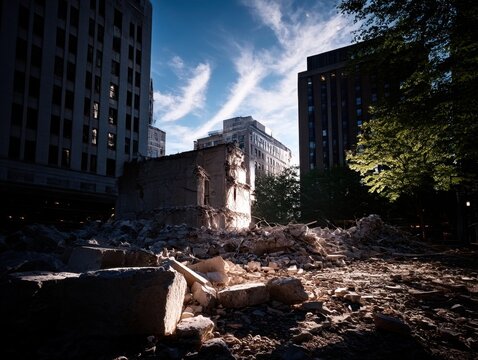 Partially demolished concrete building with rubble and tall structures under partly cloudy sky - Powered by Adobe