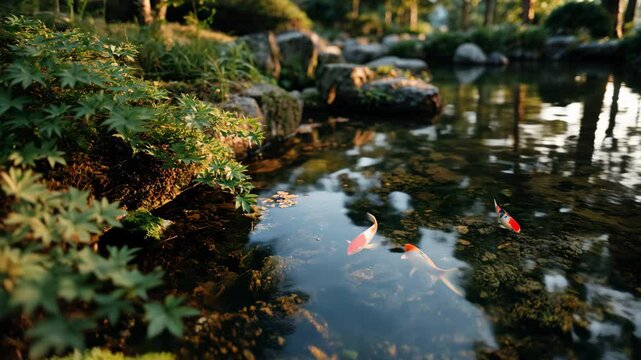 Colorful koi fish swimming in a clear forest pond surrounded by mossy rocks and Japanese maple leaves in golden sunset light, peaceful nature &ndash; Generative AI