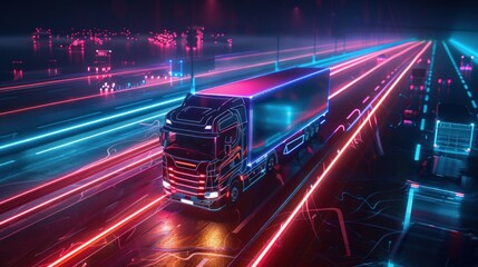 Fototapeta premium A truck with neon lights on it is driving down a road at night