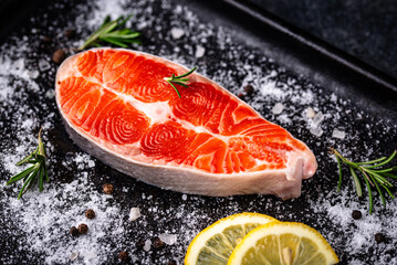 Raw uncooked salmon with rosemary