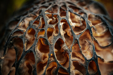  Extreme close-up view of the detailed, honeycomb-like cap structure of a Morchella conica...