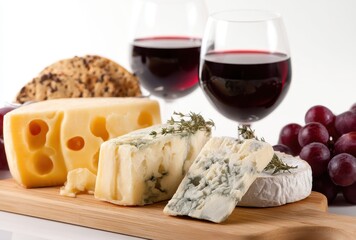 A Gourmet Spread of Various Cheeses Accompanied by Red Wine and Grapes on a Wooden Board Ideal for Entertaining Guests and Hosting Gatherings
