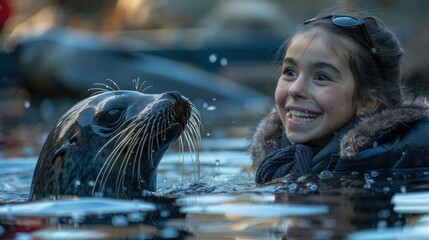 Girl interacts with a seal