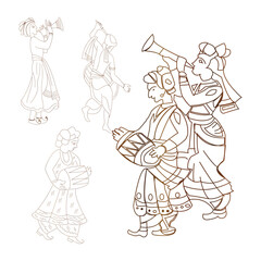 Line art illustration of several people engaged in a vibrant Indian festival, likely a wedding or celebration.