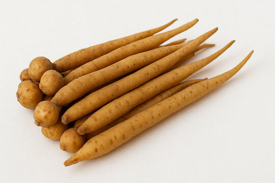 Bundle of Fingerroot.
A bundle of fingerroot (Chinese ginger) rhizomes arranged on white..