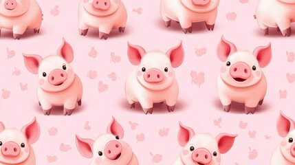 Adorable pig seamless pattern with cartoon pigs in various poses and expressions, fun, pattern, nursery
