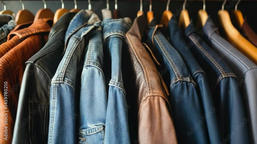 Poster a rack of jeans and jackets displayed on sturdy hangers, ready for use or display