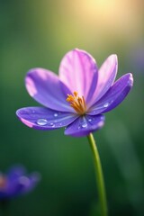 Fototapeta premium A Delicate Purple Blossom Glistens with Morning Dew, Illuminated by Soft Sunlight in a Serene Garden Setting