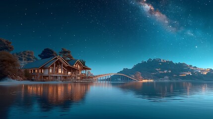 Fototapeta premium Lakeside cabin at night