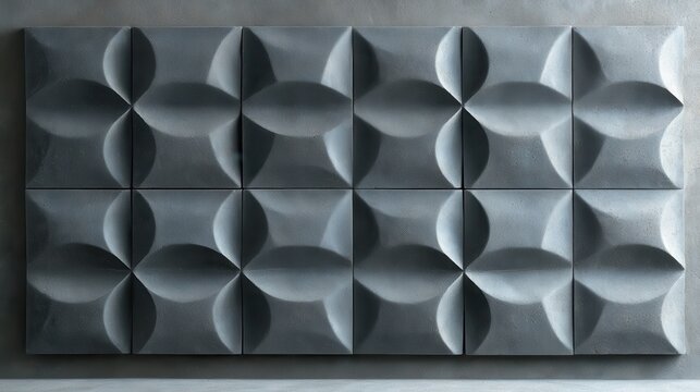 Concrete wall tiles forming seamless textured surface, showcasing contemporary geometric pattern with minimalist gray aesthetic for modern interior design