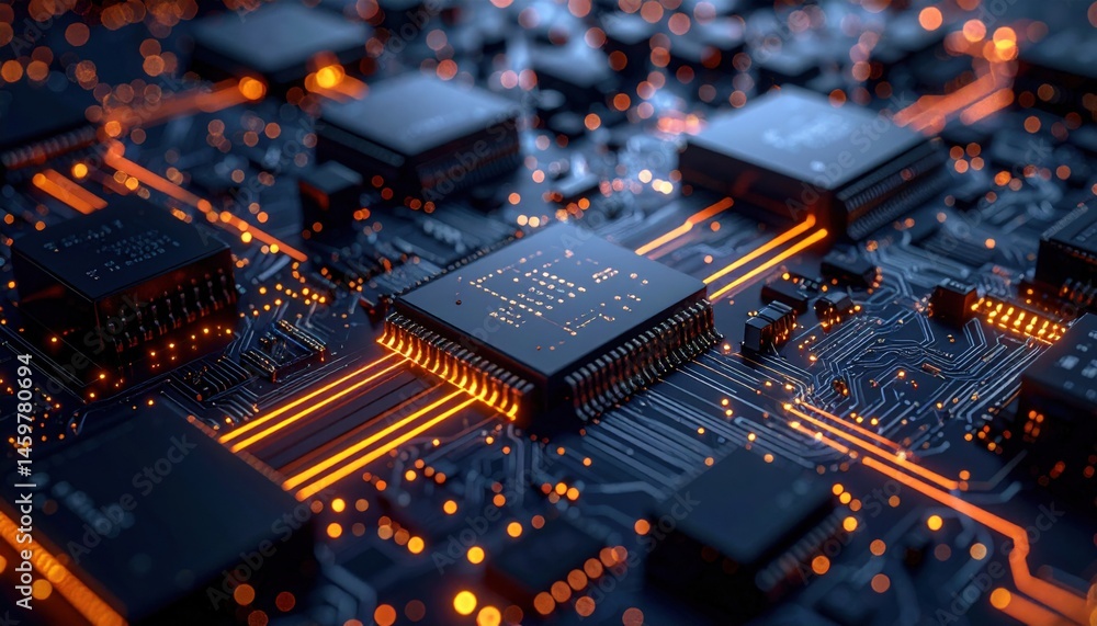 Poster exploring technological advancements in microchip design high-tech manufacturing facility digital im
