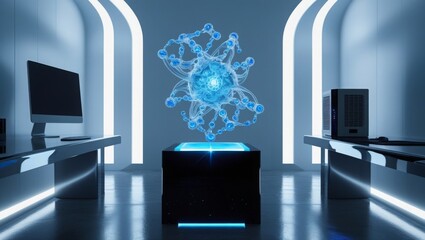 Blue-lit laboratory with a high-resolution computer setup and holographic molecular model, crisp and modern design 