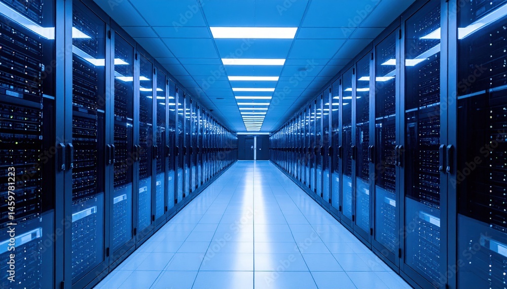 Poster data center operations high-tech facility digital infrastructure modern environment wide-angle view 