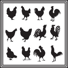 Chicken and Rooster Silhouette Vector Set – Farm Animal Clipart Collection for Labels, Crafts, Logos, and Educational Use
