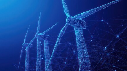 Abstract polygonal wind turbines on blue background.
