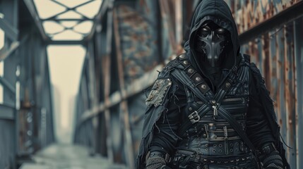 Mysterious military cyborg man cyber in spooky black hoodie. AI generated image