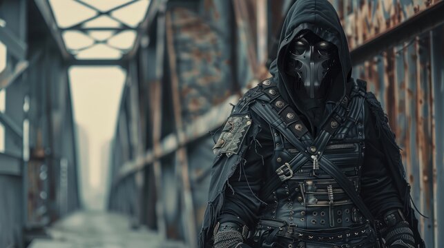 Mysterious military cyborg man cyber in spooky black hoodie. AI generated image