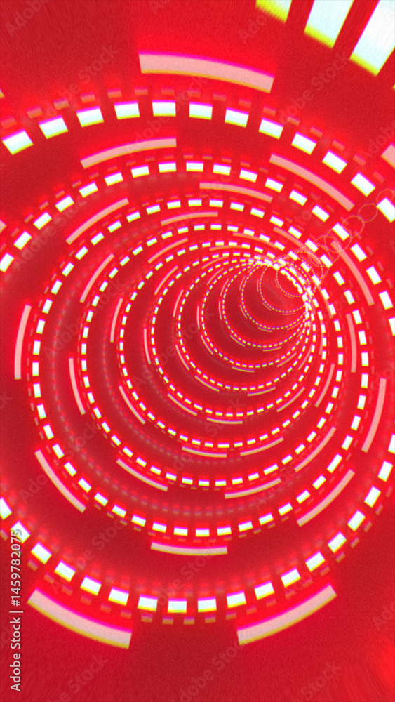Poster spiraling red digital tunnel with glowing blocks forming a hypnotic futuristic vortex pattern