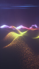 Vibrant waves of particles form glowing terrain under dynamic neon light streaks in a surreal digital landscape