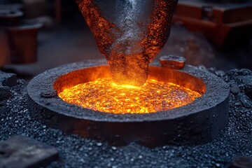 Molten metal pouring into a mold at a foundry