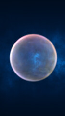 A glowing blue sphere surrounded by a cosmic mist, creating a surreal and futuristic atmosphere. The ethereal effect suggests space, technology, or fantasy elements