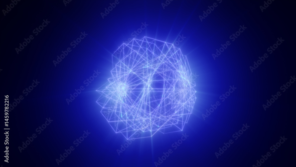 Poster glowing blue digital sphere with luminous thread lines and sharp starburst effects