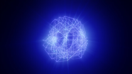 Glowing blue digital sphere with luminous thread lines and sharp starburst effects