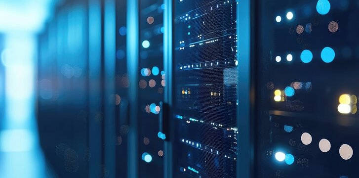 Futuristic data center interior with server cabinets under structured lighting, excellent for tech blogs, hosting infrastructure, and IT services representation