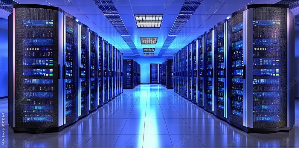 Aufkleber Modern data center with high tech server racks glowing blue, showing advanced IT infrastructure and cloud capabilities for secure, fast digital services