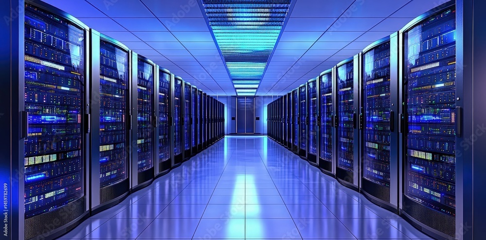Aufkleber High tech server racks in a data center with glowing lights and seamless layout, great for cloud solutions, IT security, and futuristic infrastructure visuals