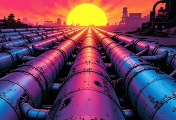 Futuristic industrial landscape with vibrant pipes under a glowing sunset