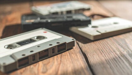 Obraz premium Close-Up of Vintage Cassette Tapes on Wooden Table with Soft Shadows and Faded Colors Creating a Retro Mood
