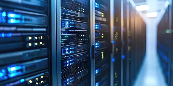 Modern data center with blue lights and rows of secure server racks, ideal for illustrating cloud computing, hosting services, and data infrastructure concepts