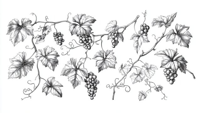 Grape branch set. Isolated flat hand drawn grape branch, leaves collection. Vine fruit plant harvest sketch. Wine, vineyard vector illustration illustration , no logos, no brands