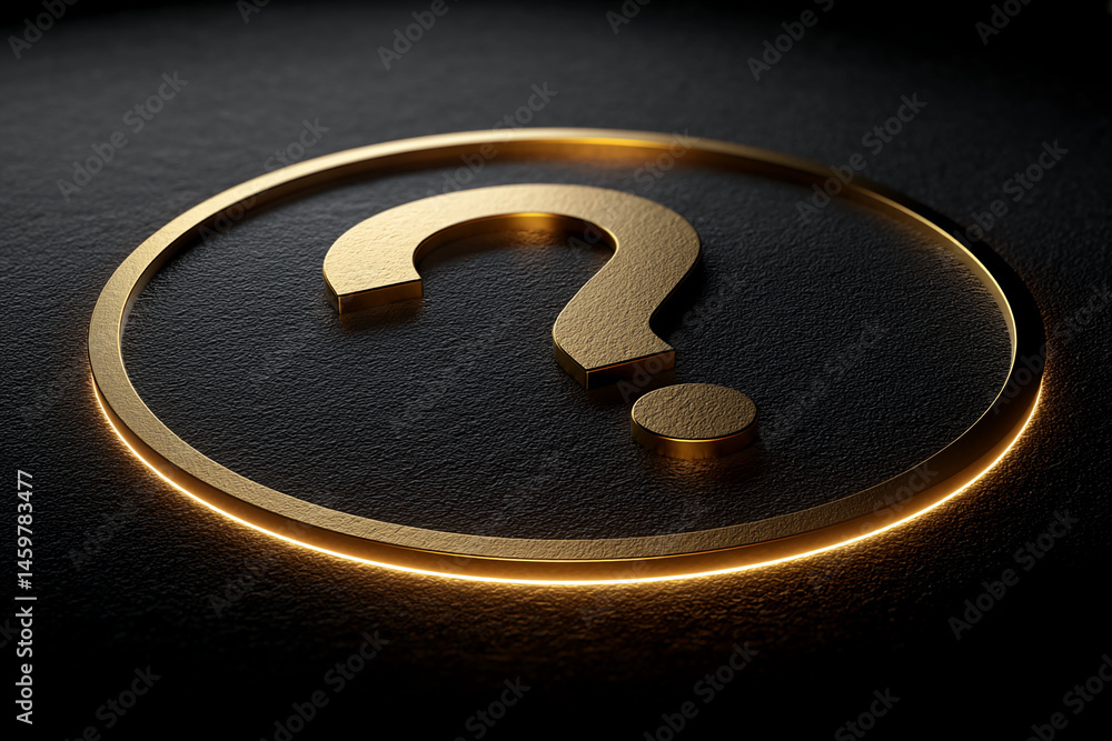 Poster golden question mark in a glowing circle on dark textured background, symbolizing inquiry, curiosity