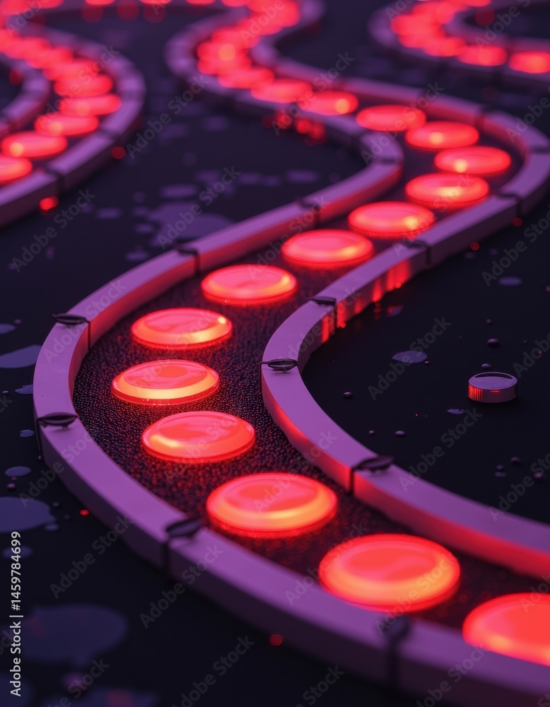 Poster abstract red glowing pathway with circular lights on a dark surface
