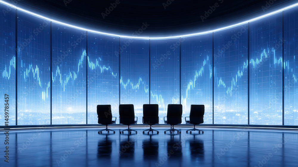 Poster modern executive conference room with high-tech transparent display showing stock market trends and 