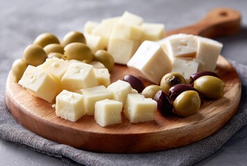 Delicious assortment of fresh cheese cubes and green, black olives arranged on a round wooden platter with textured backdrop enhancing the presentation.