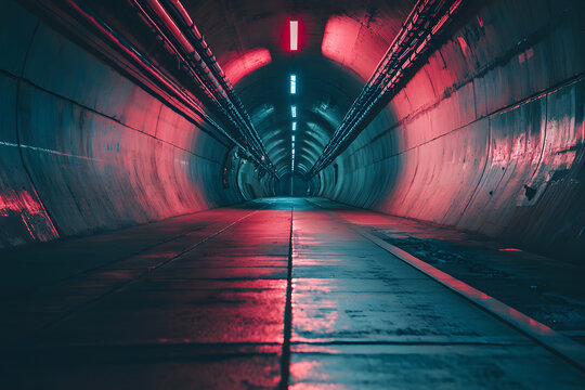 Fototapeta Vibrant underground tunnel illuminated by colorful lights at night, showcasing modern urban artistry and infrastructure