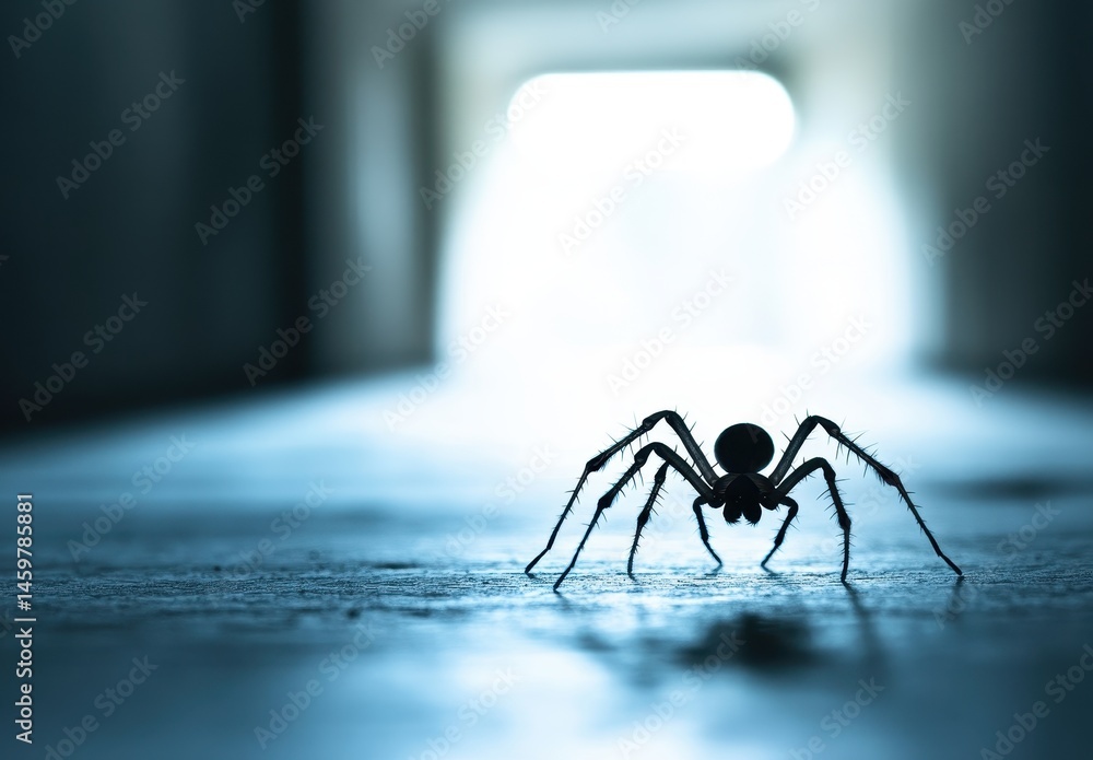 Poster dark silhouette of a spider on a floor with an out of focus light in the background, creating a myst